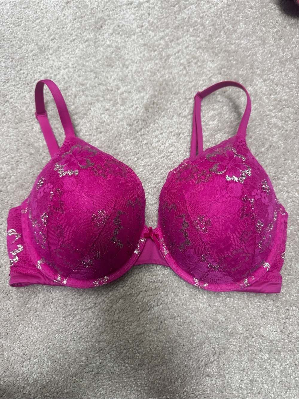 Victoria's Secret Bright Fuchsia Lace Underwire Bra with Silver Accents